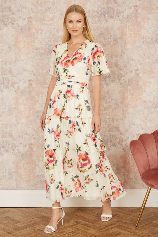 Yumi Ivory Floral Mesh Tiered Maxi Dress
