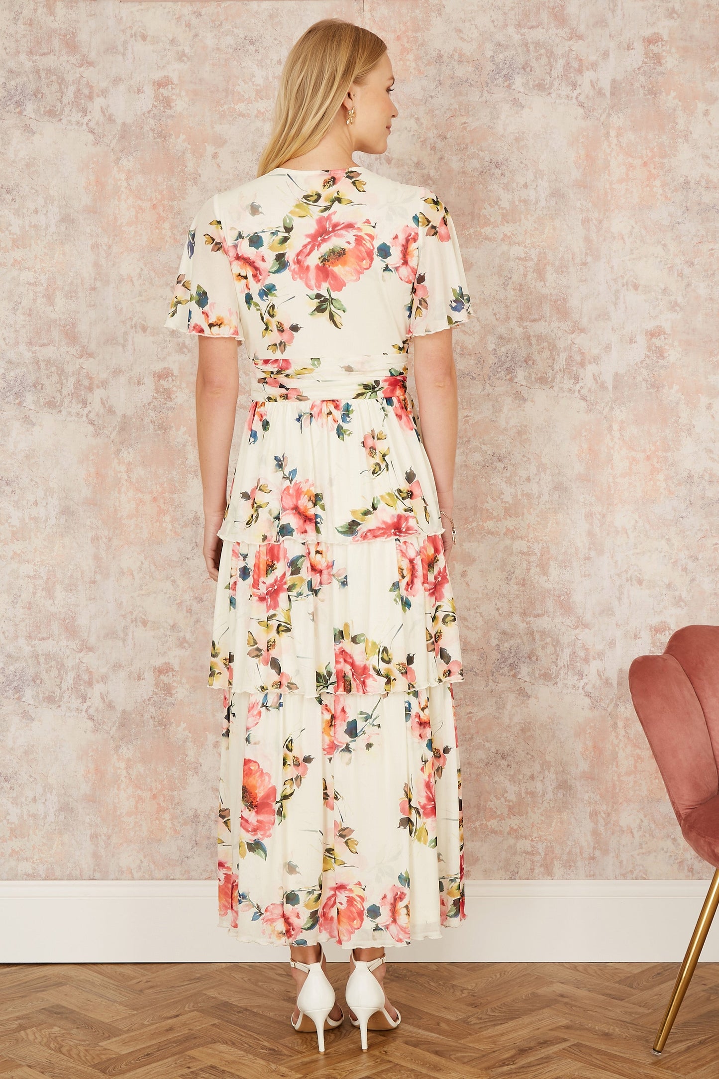 Yumi Ivory Floral Mesh Tiered Maxi Dress