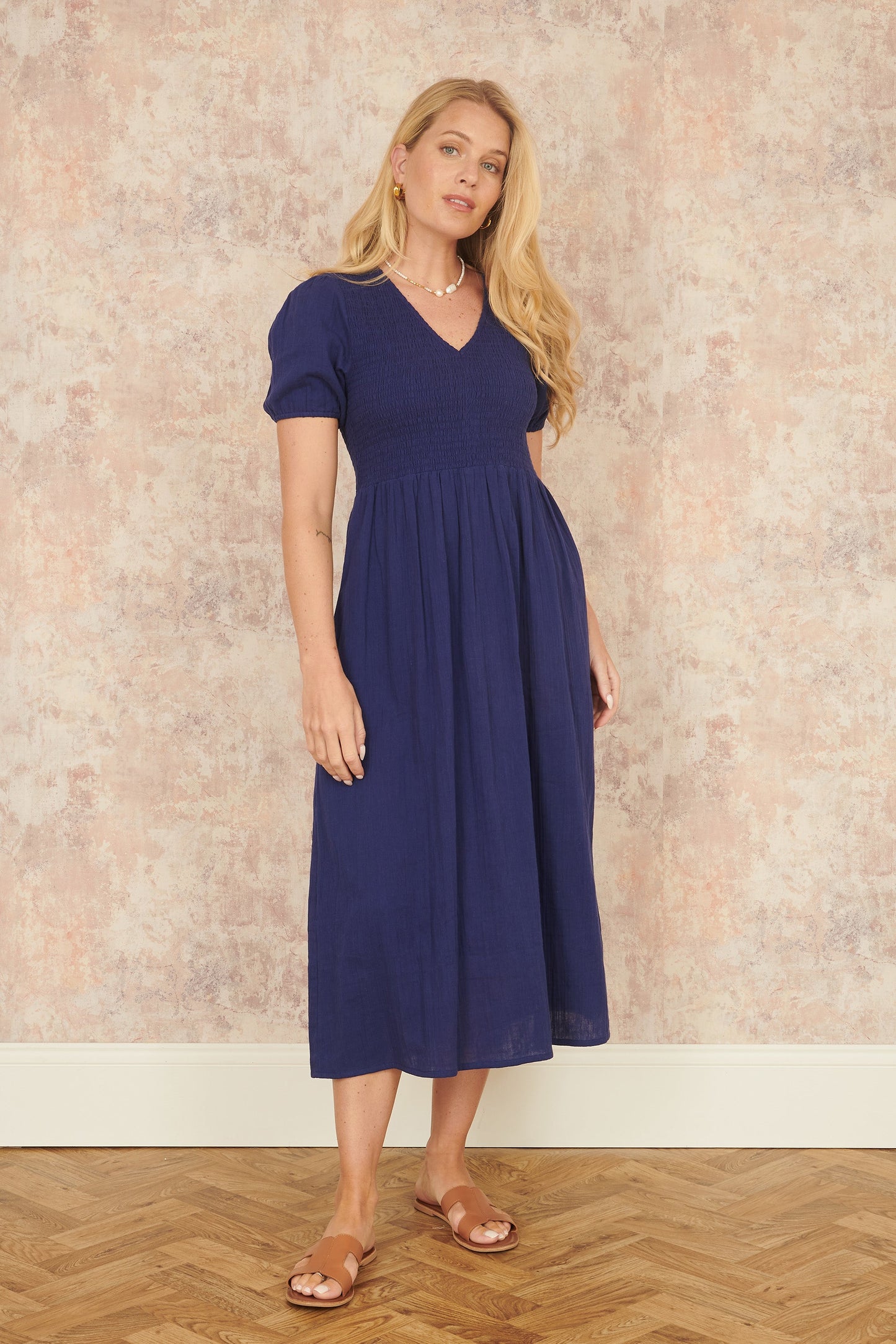 Yumi Navy Double Cotton Ruched Midi Dress