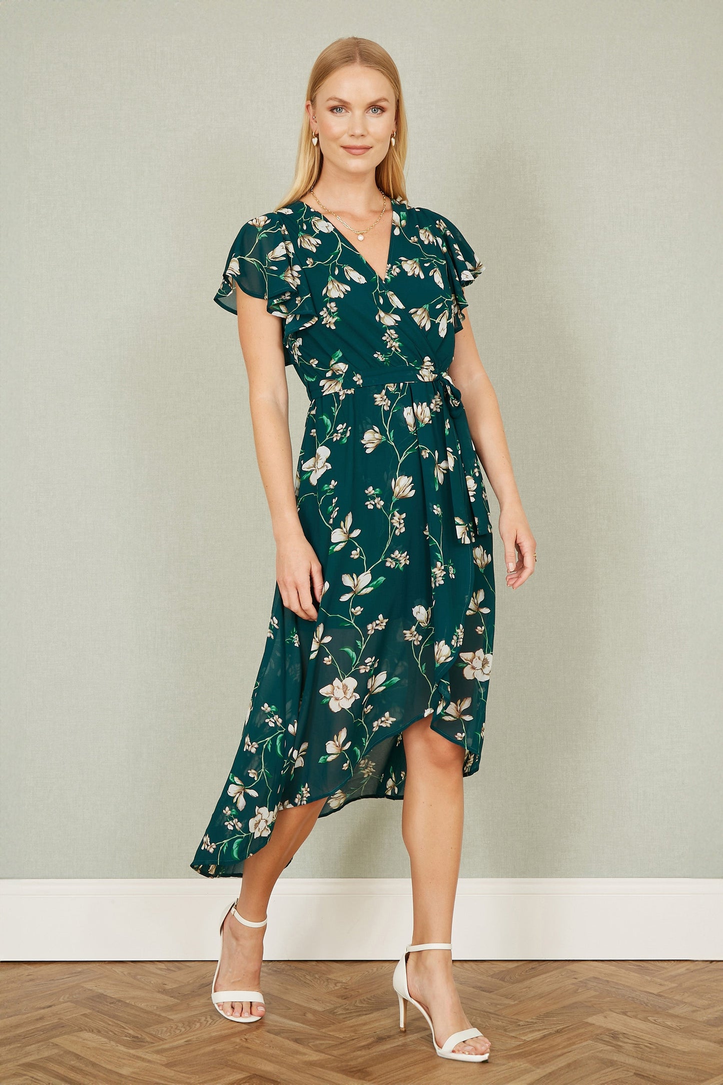 Yumi Green Floral Wrap Midi Dress With Frill Hem