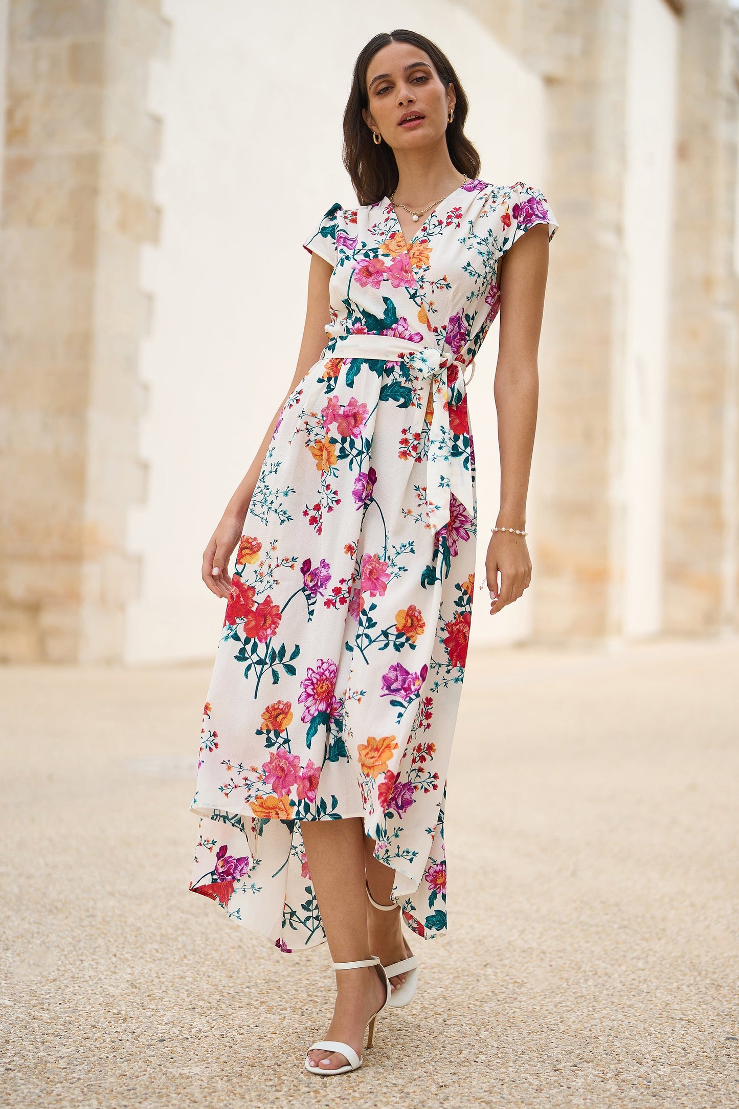 Yumi Ivory Flower Print Wrap Midi Dress