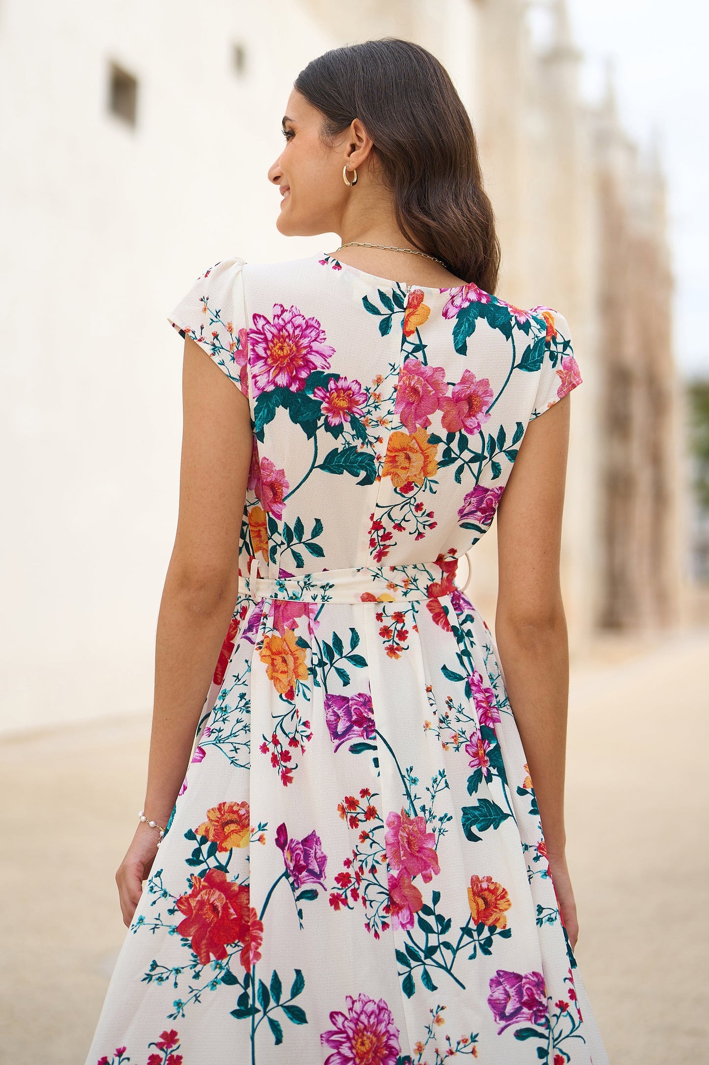 Yumi Ivory Flower Print Wrap Midi Dress