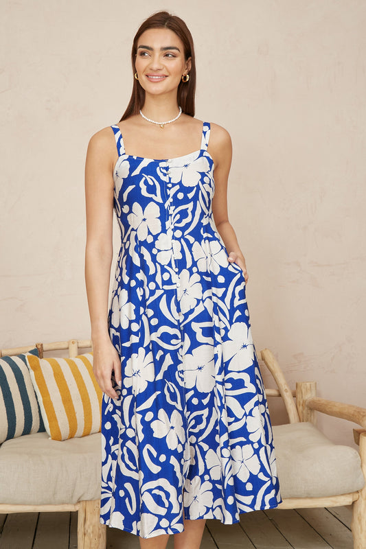 Yumi Blue Floral Button Through Midi Dress