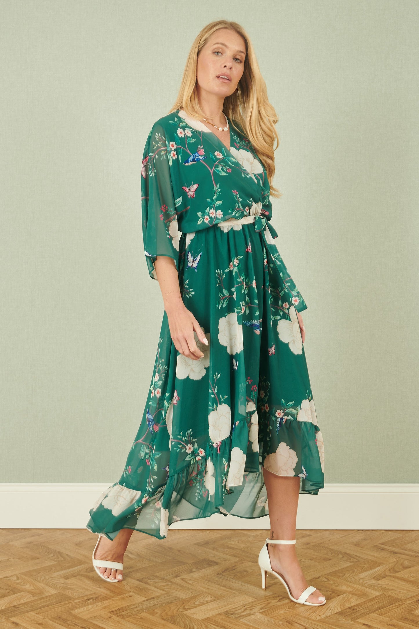Yumi Green Bird and Floral Print Midi Wrap Dress