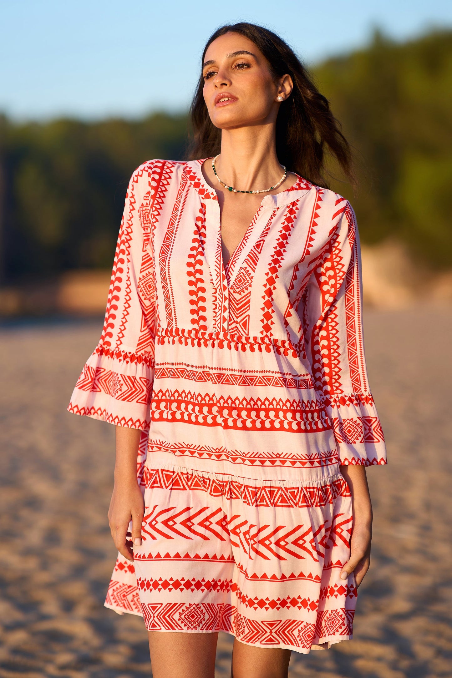 Yumi Coral Geo Stripe Print Beach Tunic