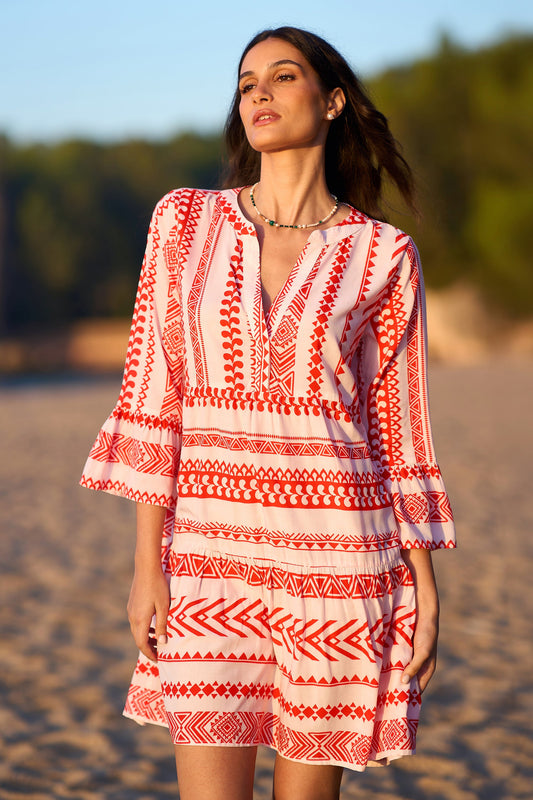 Yumi Coral Geo Stripe Print Beach Tunic
