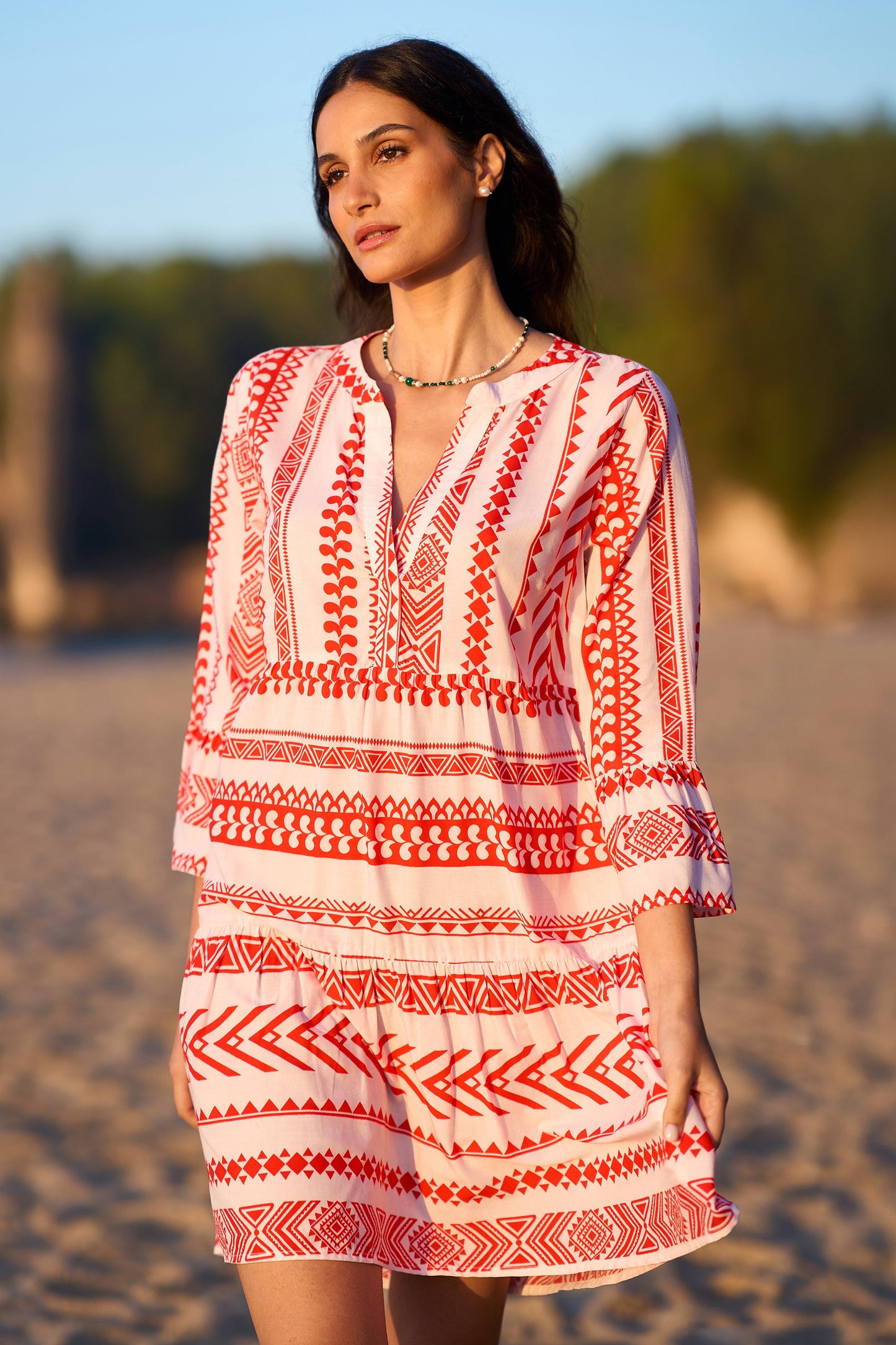 Yumi Coral Geo Stripe Print Beach Tunic