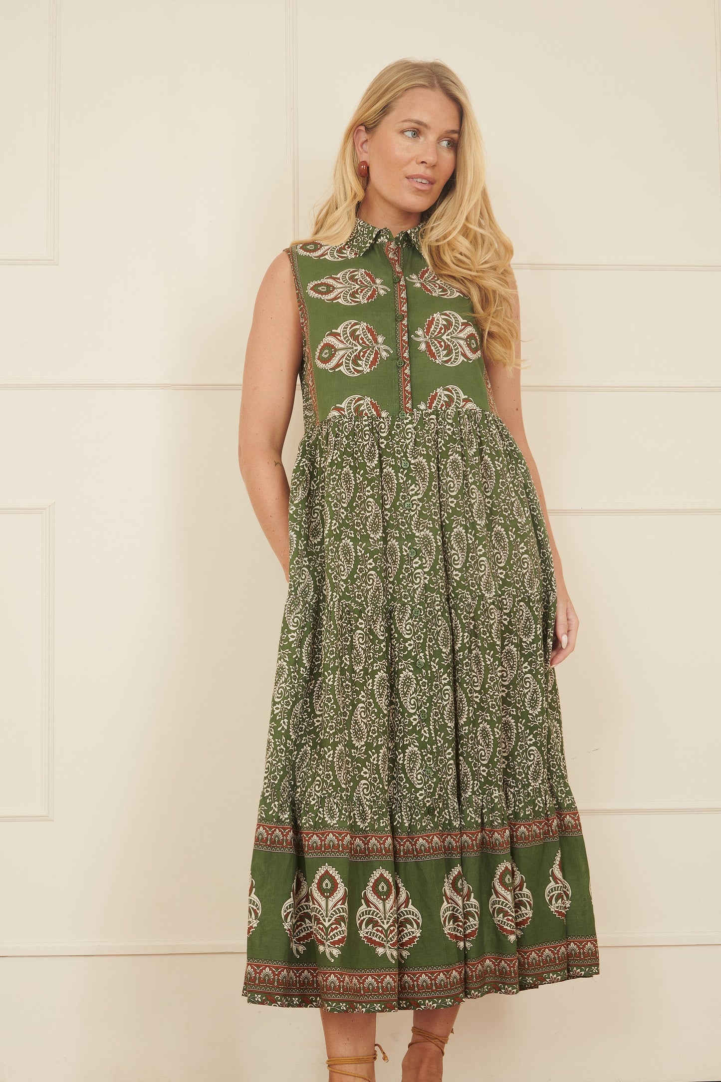 Yumi Green Cotton Paisley Midi Sleeveless Shirt Dress