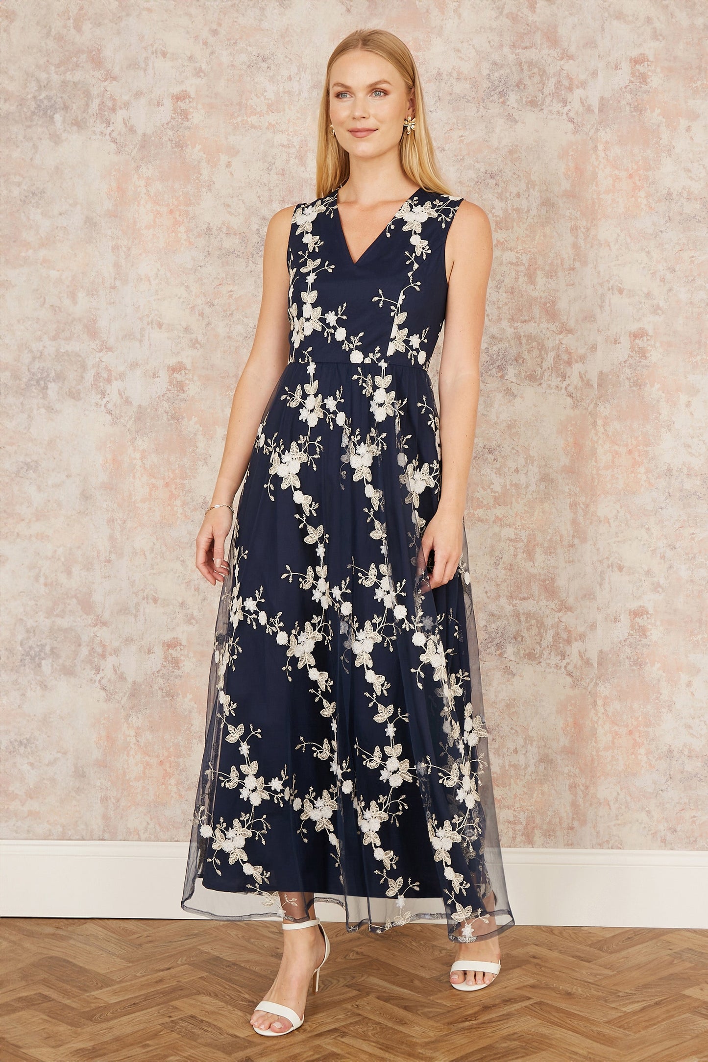 Yumi Navy Mesh Embroidered Maxi Dress