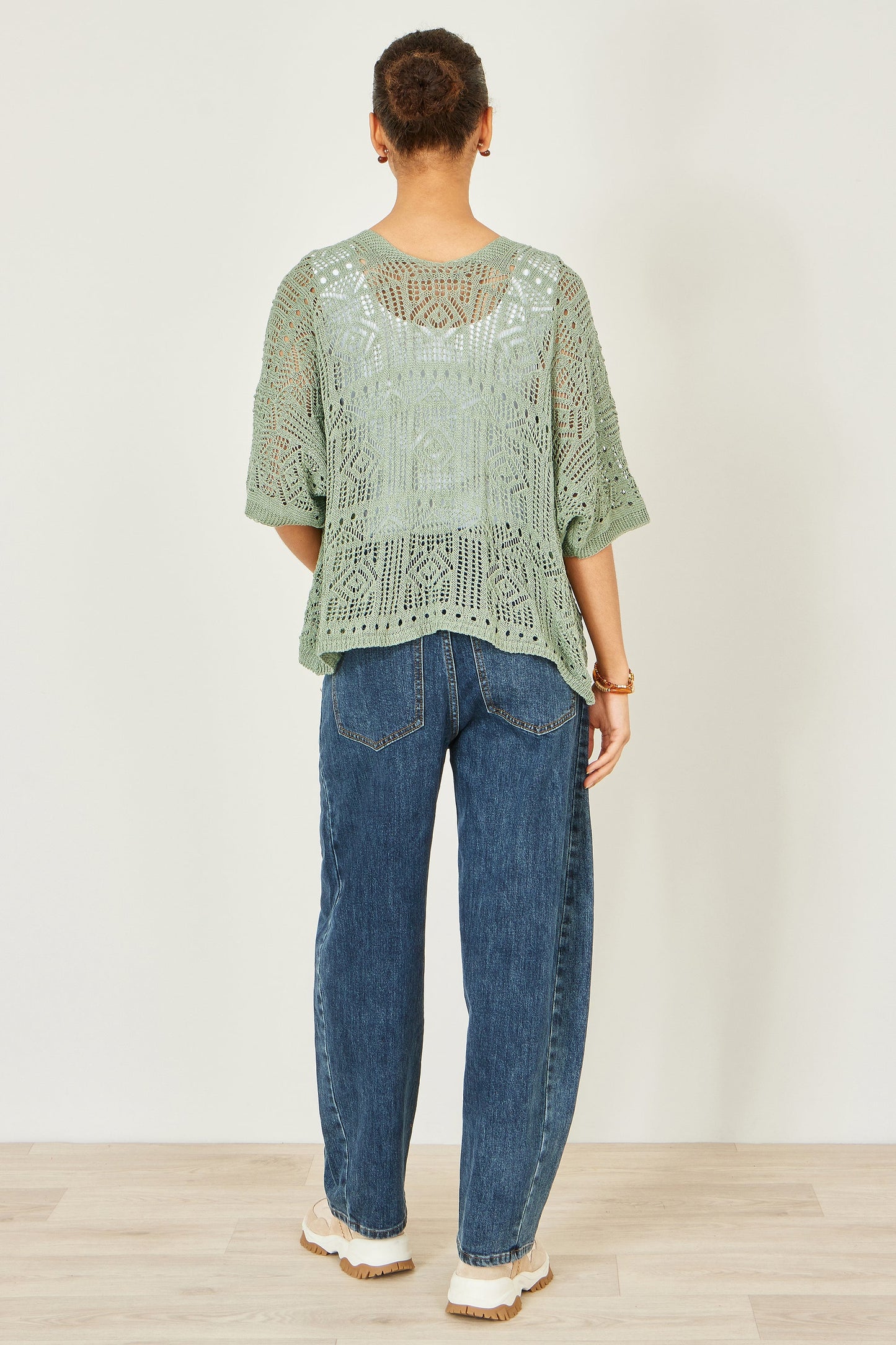 Yumi Green Crochet Edge To Edge 3/4 Sleeve Cardigan