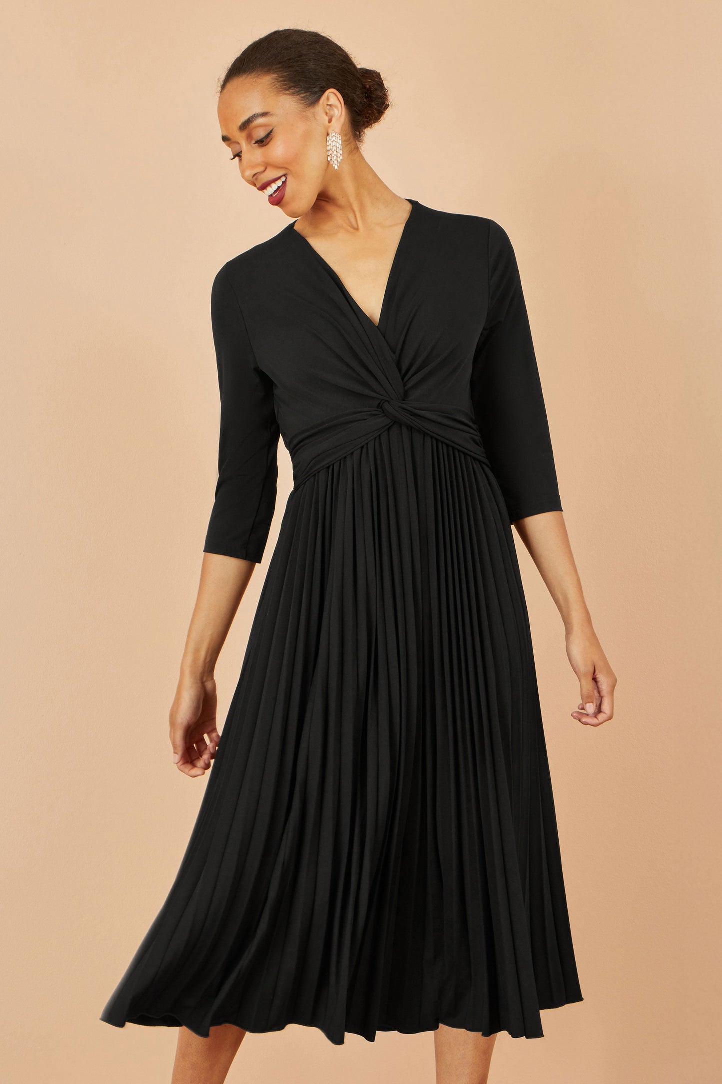 Yumi Black Jersey Knot Waist Pleated Midi Dress