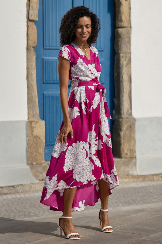 Pink Blossom Print Wrap Dress With Dipped Hem