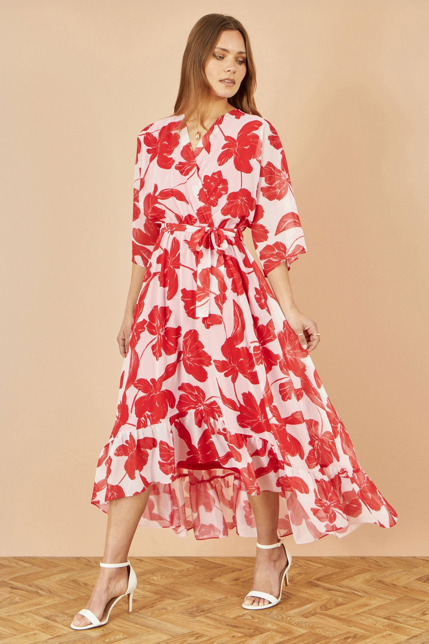 Yumi Red Kimono Sleeves Dip Hem Wrap Midi Dress