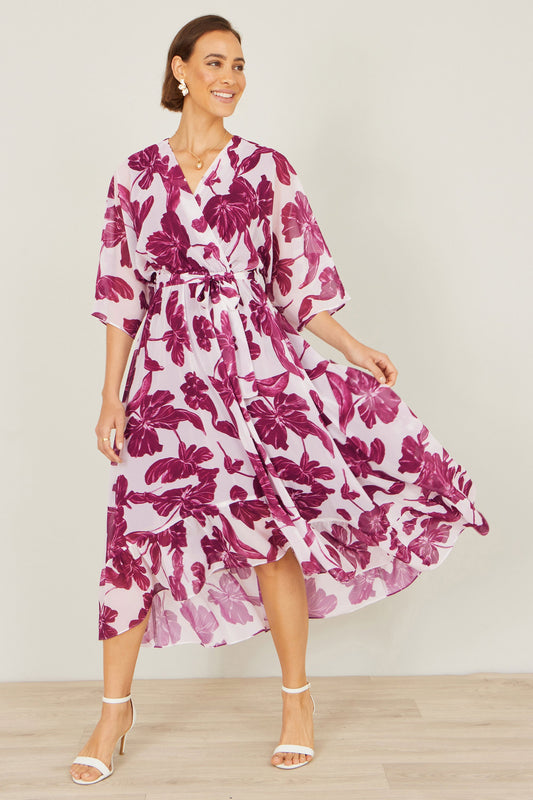 Yumi Pink Kimono Sleeves Midi Dip Hem Wrap Midi Dress