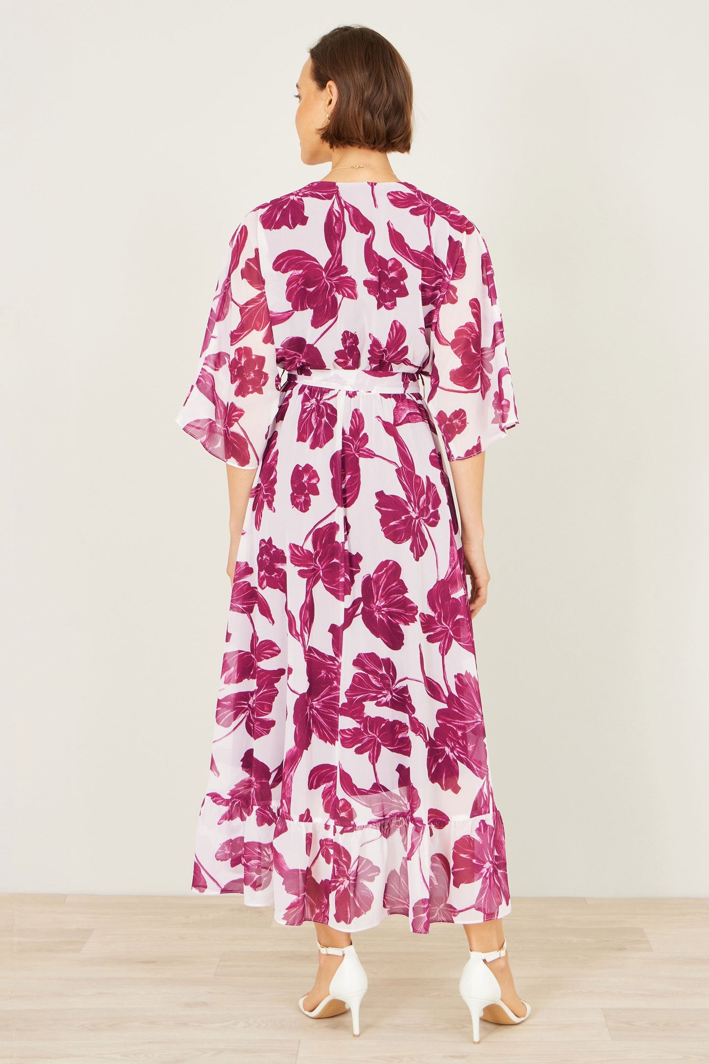 Yumi Pink Kimono Sleeves Midi Dip Hem Wrap Midi Dress