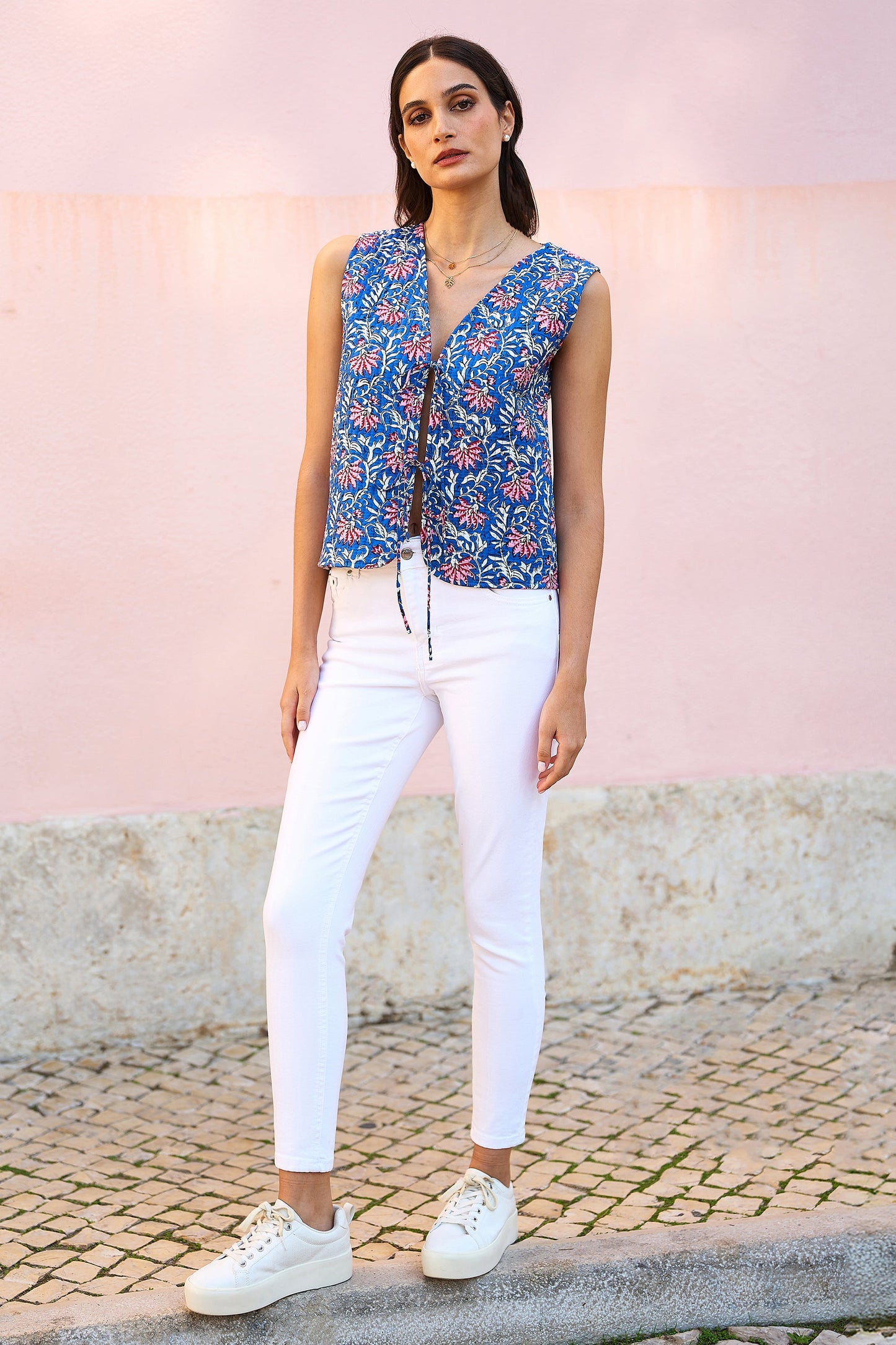 Yumi Blue Flower Reversible Cotton Quilted Waistcoat