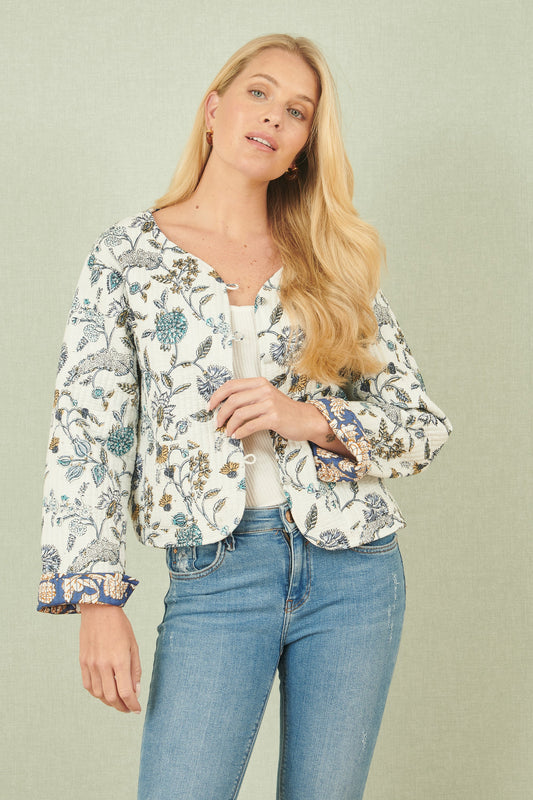 Yumi White Floral Reversible Cotton Quilted Jacket