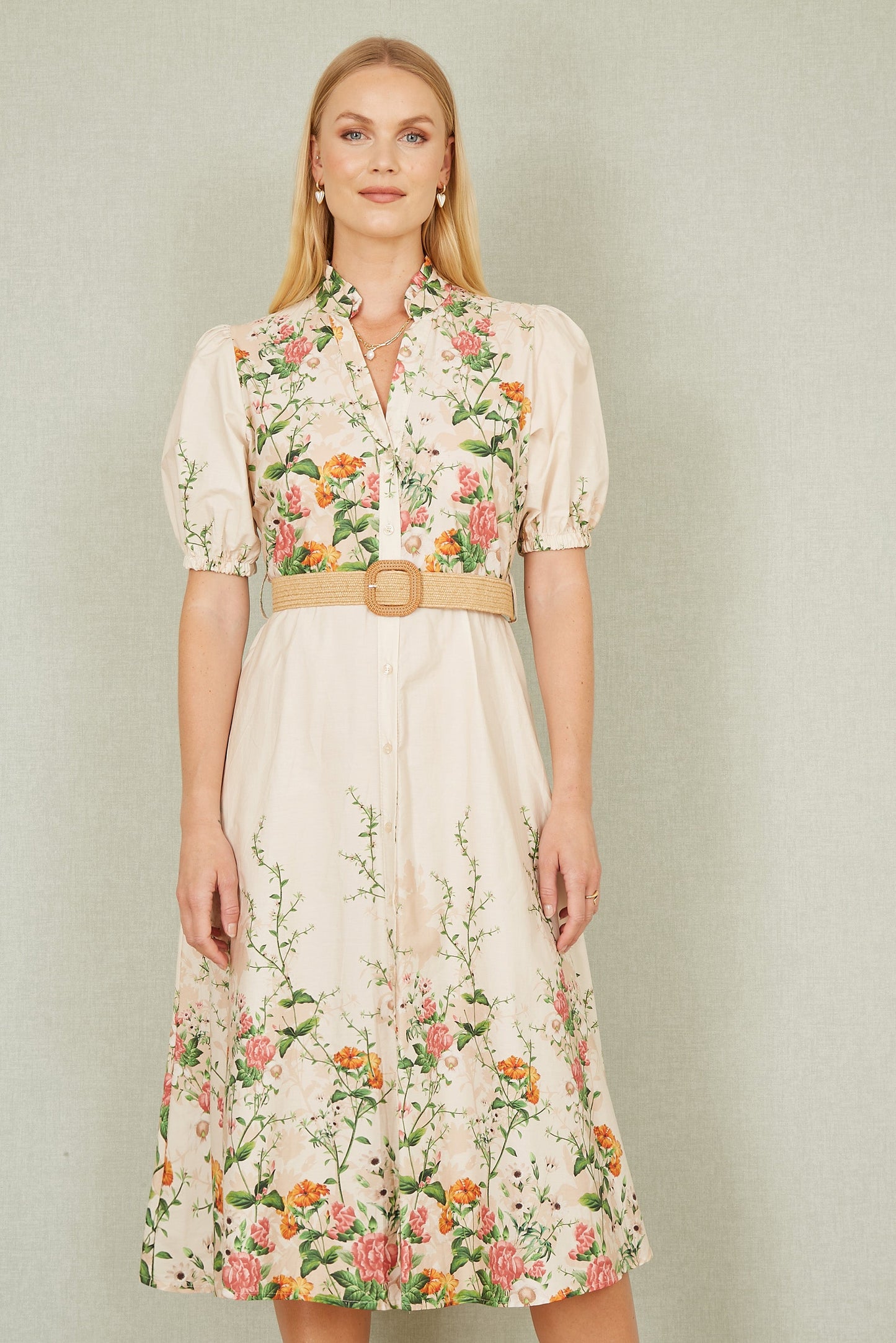 Yumi Ivory Cotton Printed Midi Floral Placement Shirt Dress