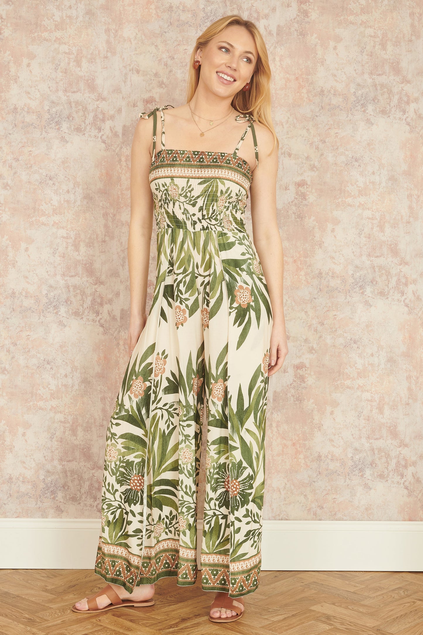 Yumi Green Palm Print Strappy Viscose Jumpsuit