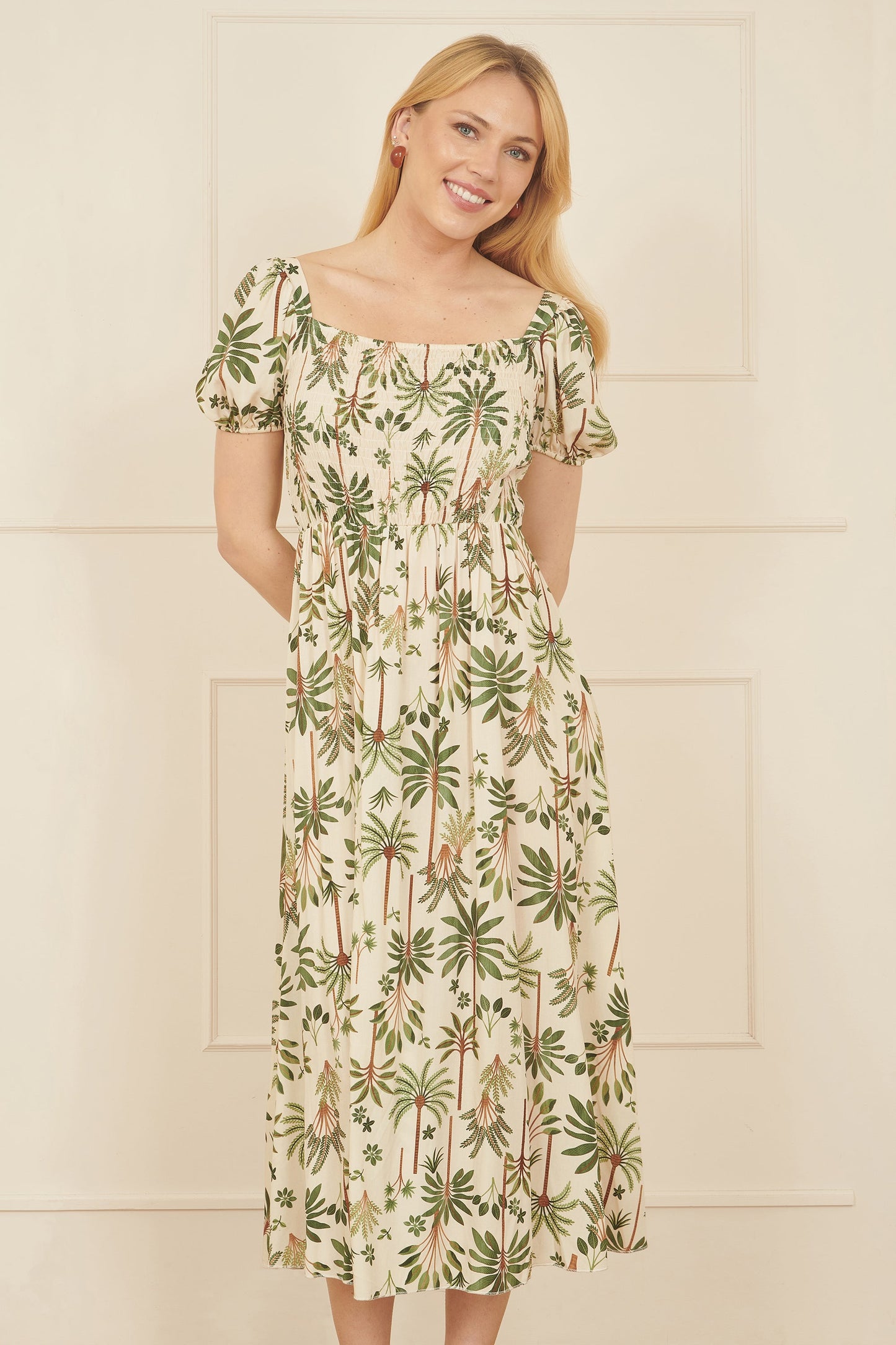Yumi White Cotton Palm Print Ruched Midi Dress