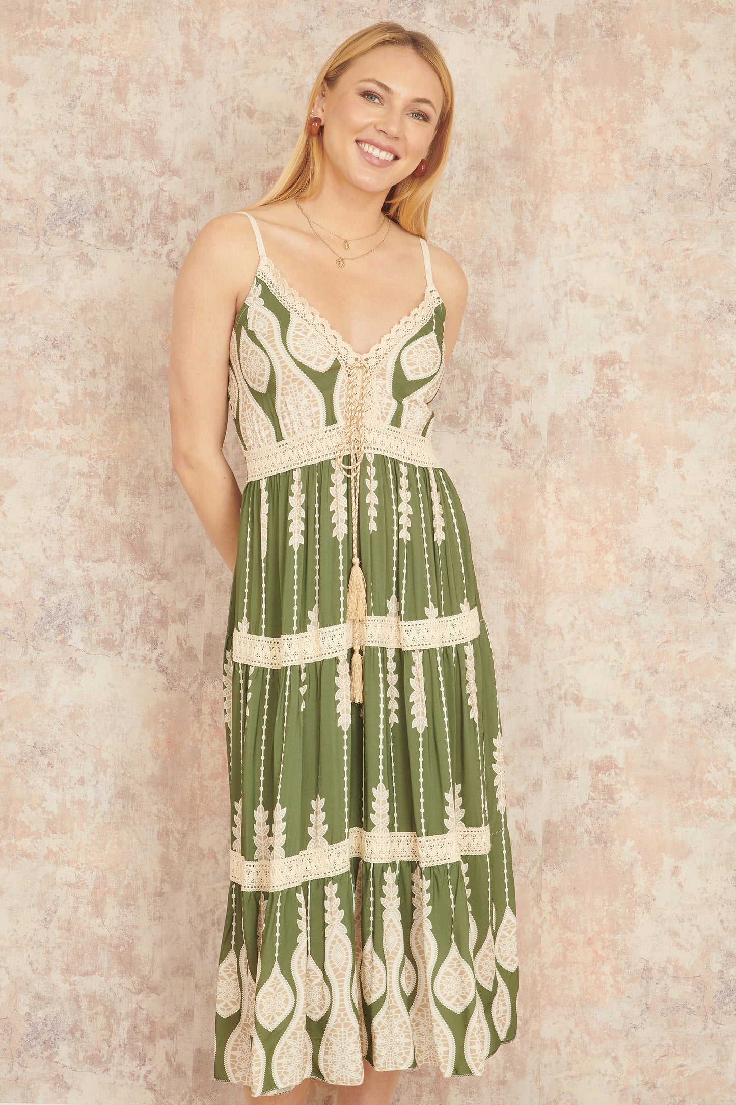 Yumi Green Viscose Paisley Print Lace Trim Midi Sun Dress