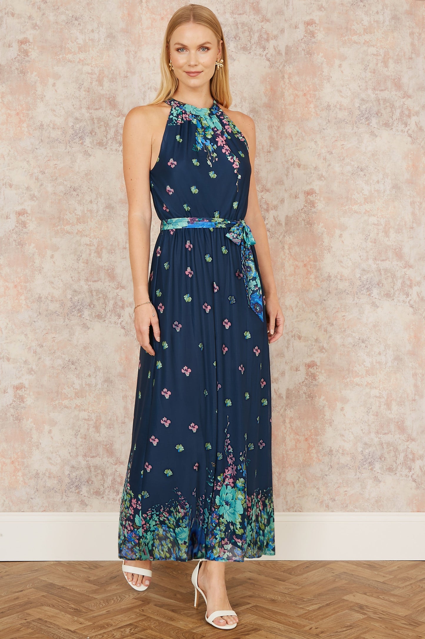 Yumi Navy Mirror Floral Print Maxi Halter neck Dress