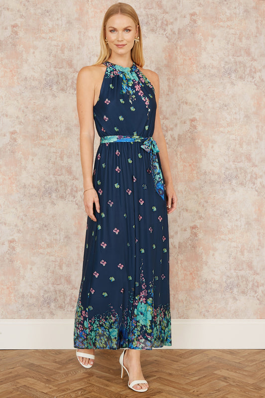 Yumi Navy Mirror Floral Print Maxi Halter neck Dress