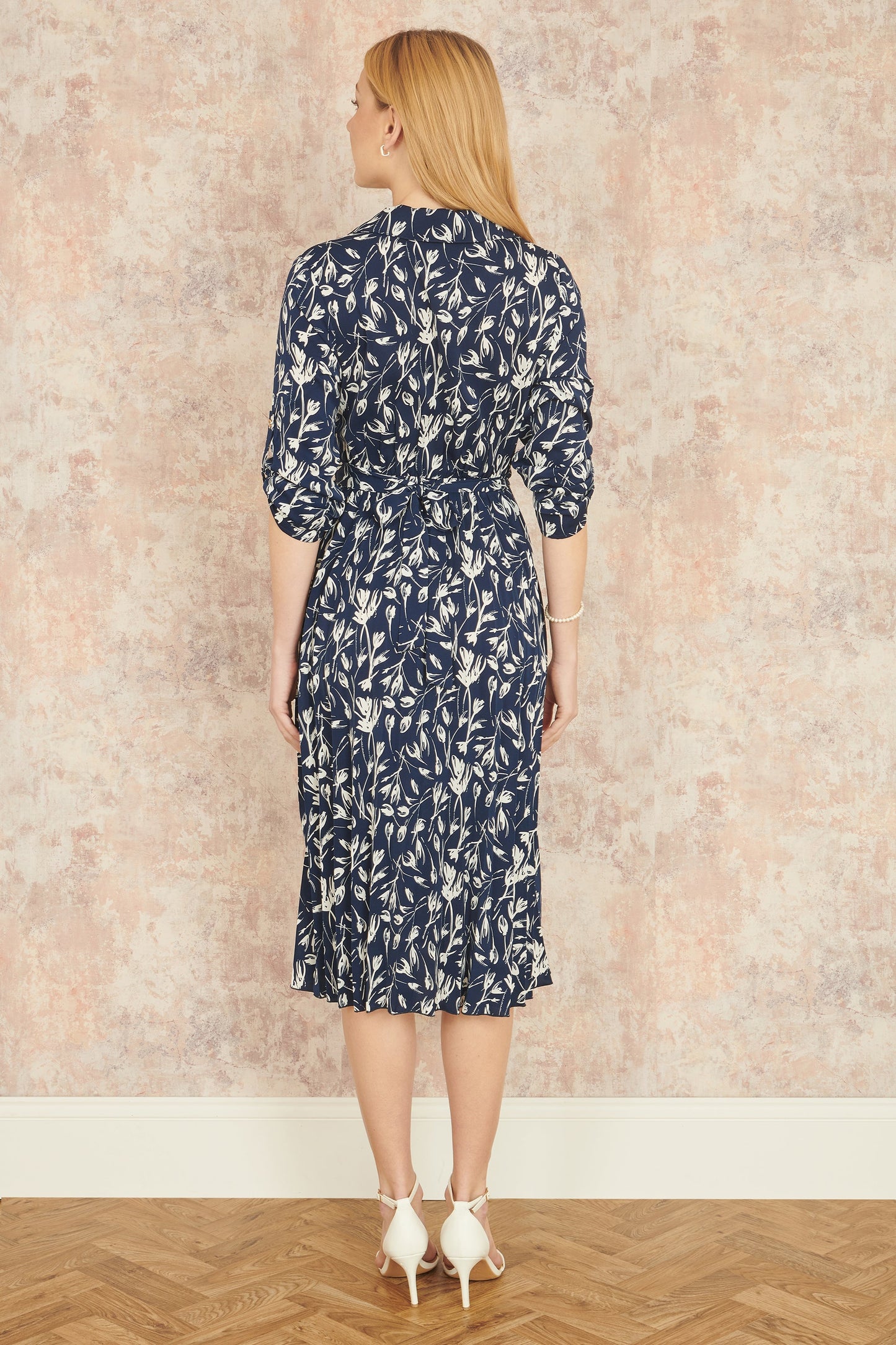 Yumi Navy Floral Print Pleated Skater Dress With Buckle