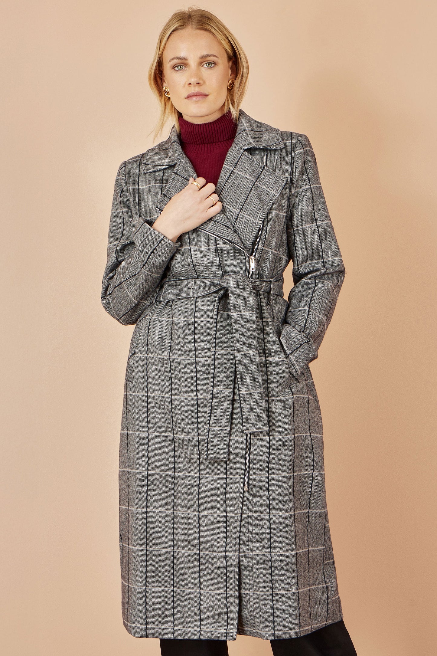 Yumi Grey Check Oversize Long Biker Coat