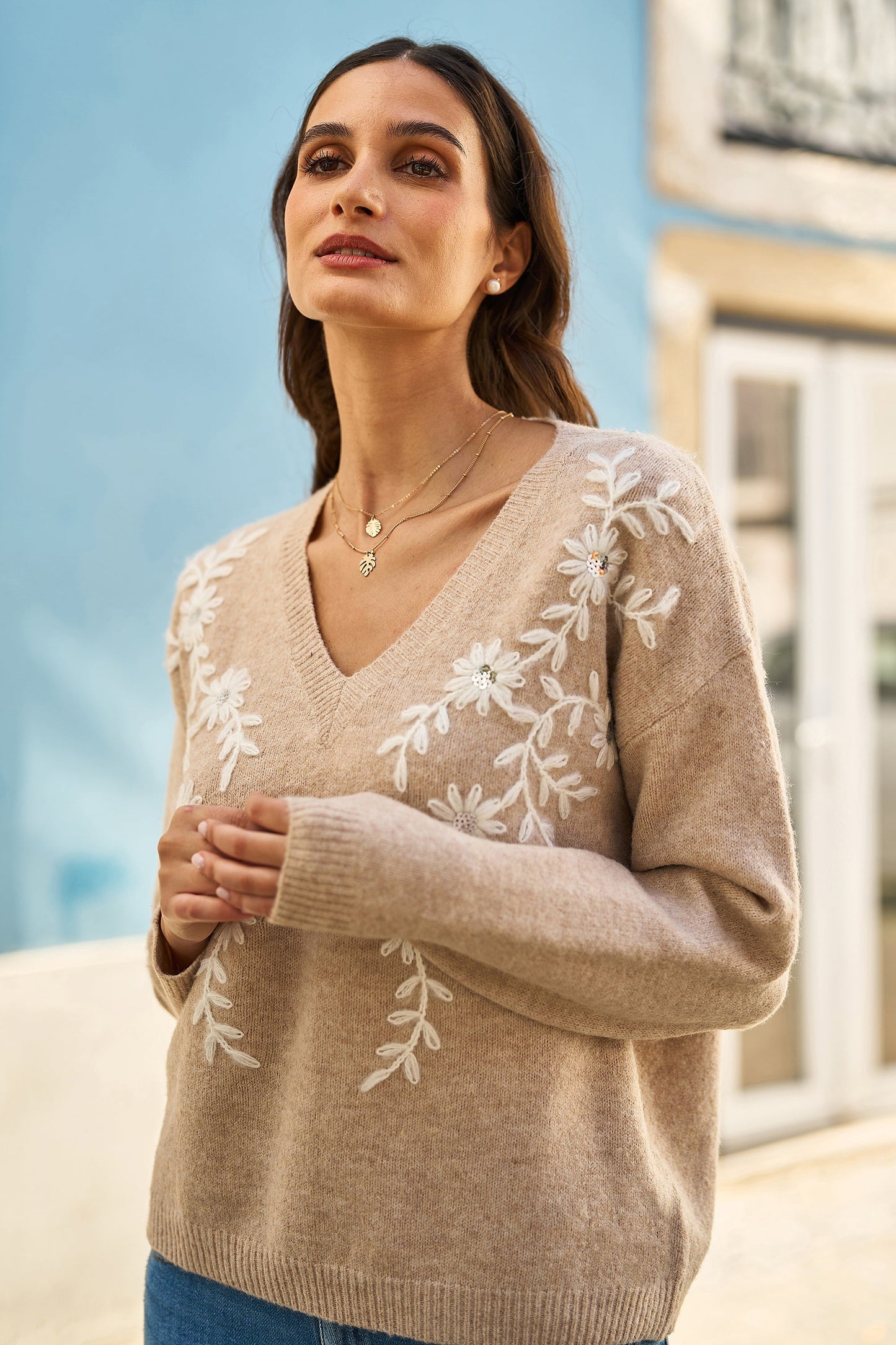Yumi Oatmeal Floral Embroidered V Neck Relaxed Knitted Jumper