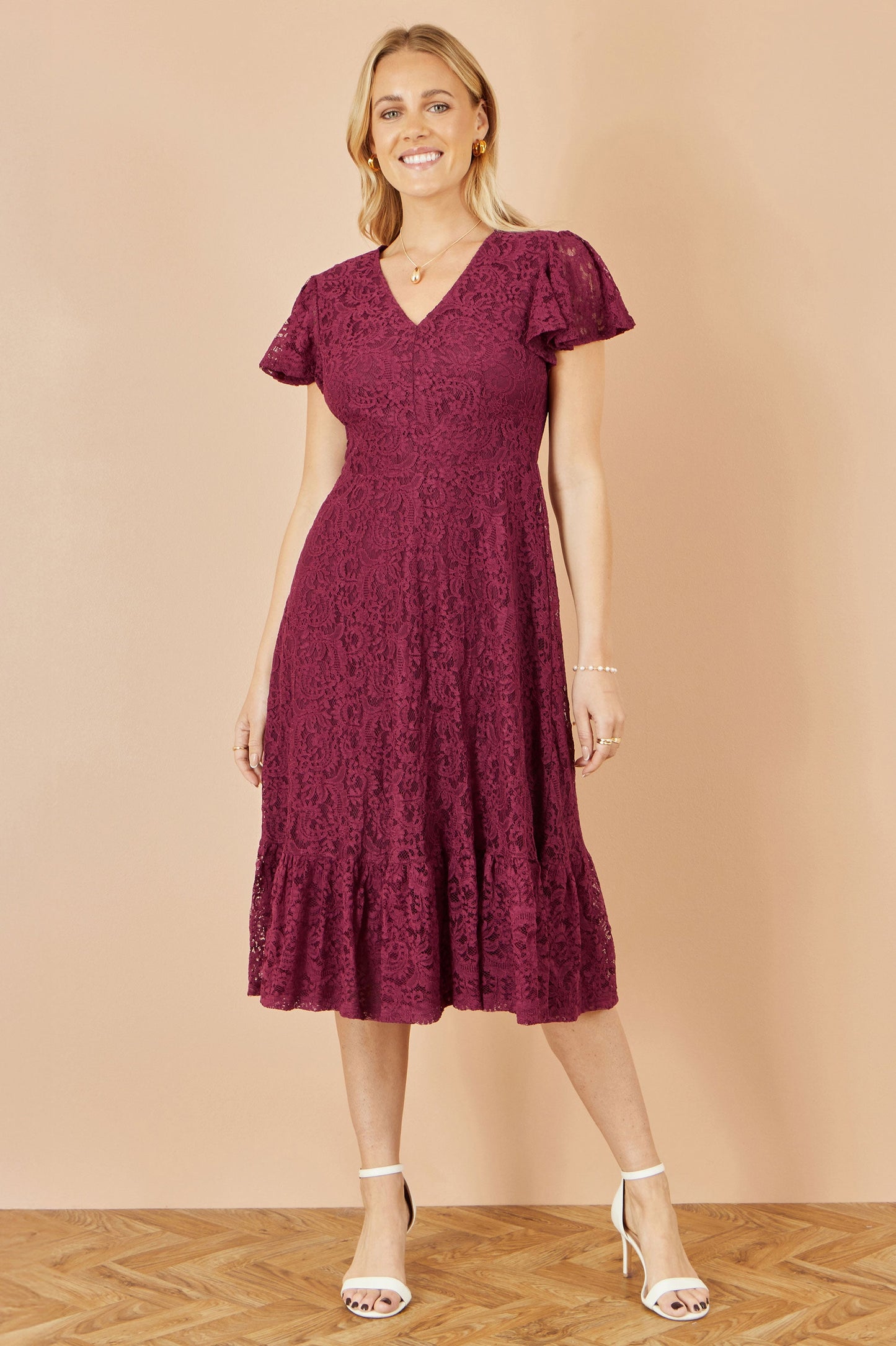 Yumi Burgundy Stretch Lace Puff Sleeve Midi Dress