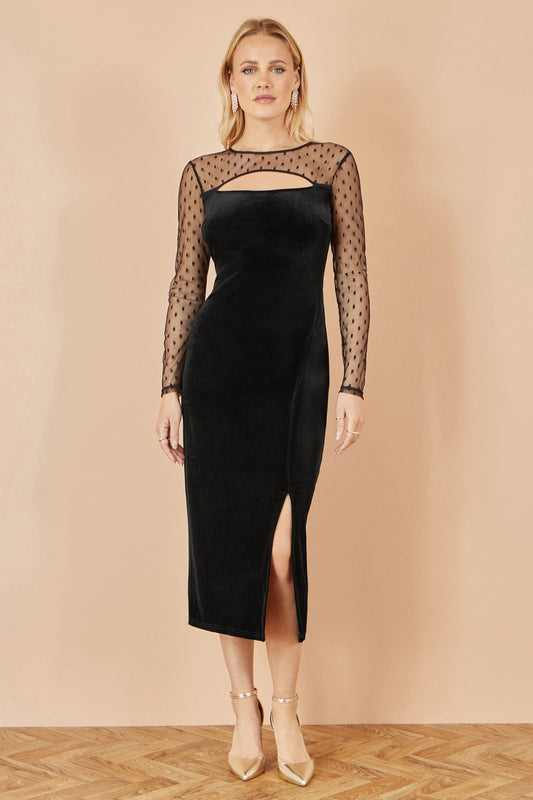 Yumi Black Velvet Midi Dress With Slash Neckline and Sheer Sleeves