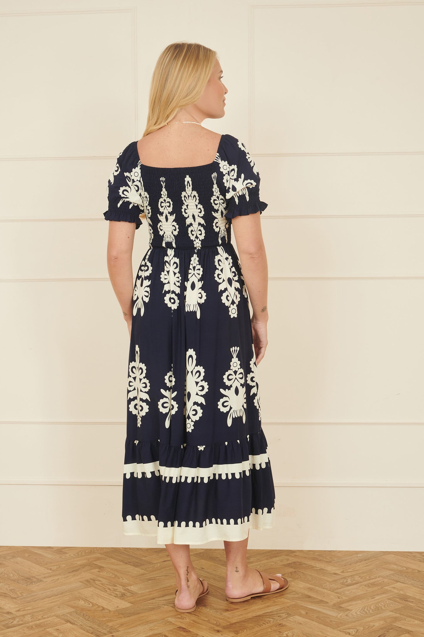 Yumi Navy Block Print Viscose Ruched Midi Dress