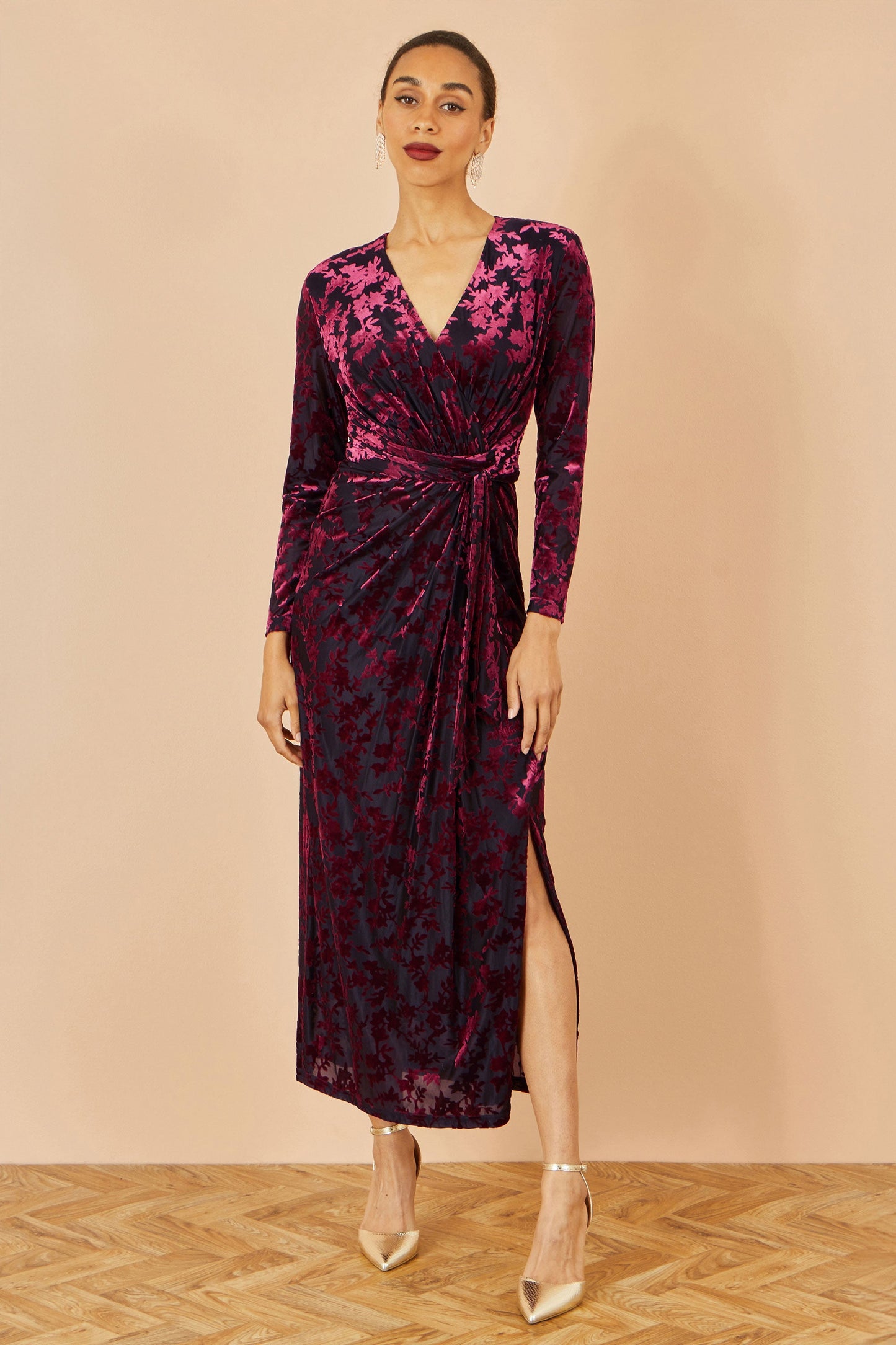 Yumi Burgundy Velour Stretch Midi Dress With Long Sleeves