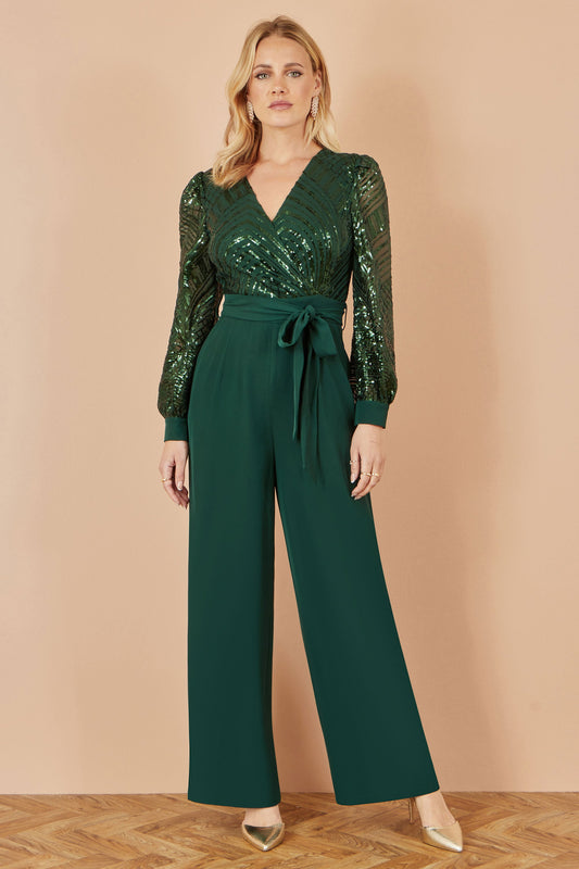 Yumi Green Sequin Wrap Over Jumpsuit