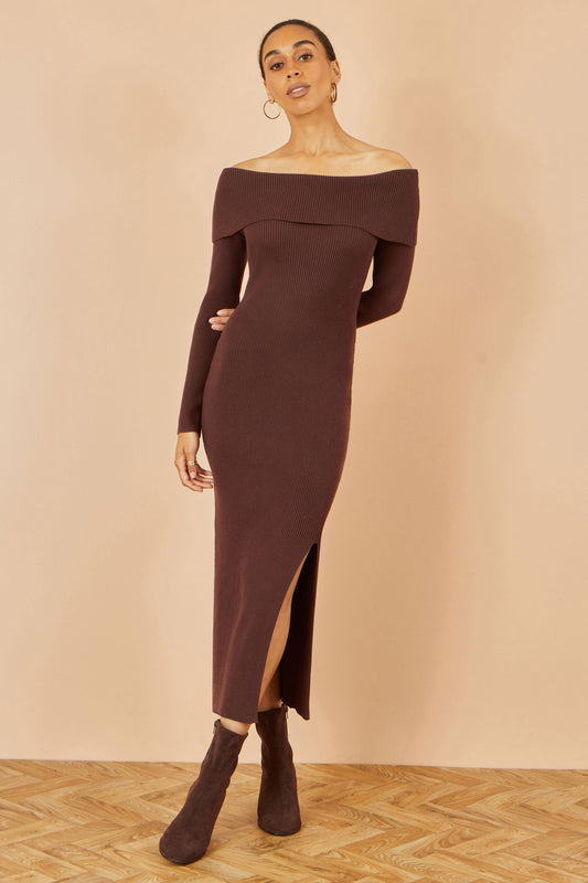 Yumi Brown Bardot Knitted Fitted Midi Dress