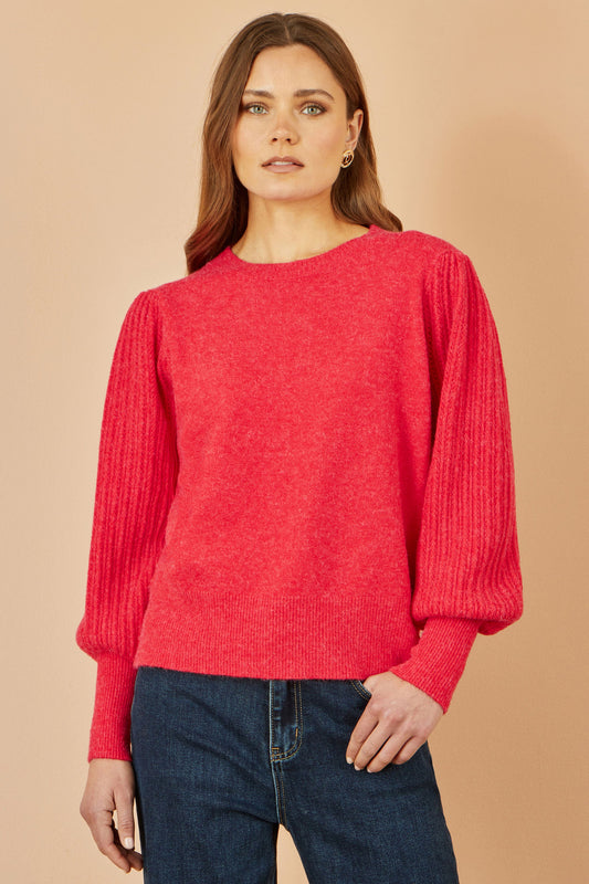 Yumi Red Knitted Balloon Sleeve Textured Jumper