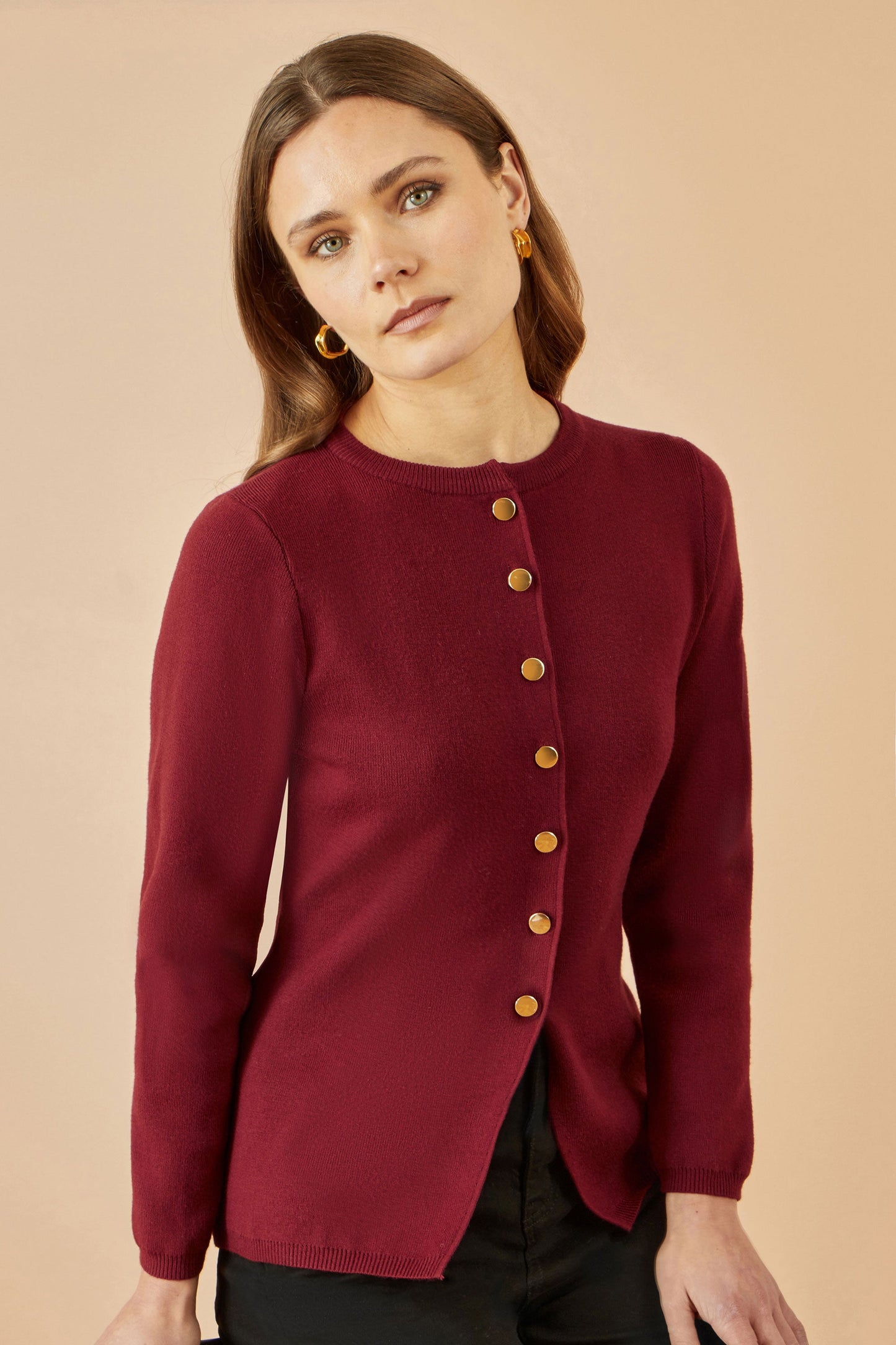 Yumi Burgundy Knitted Fitted Button Down Peplum Cardigan