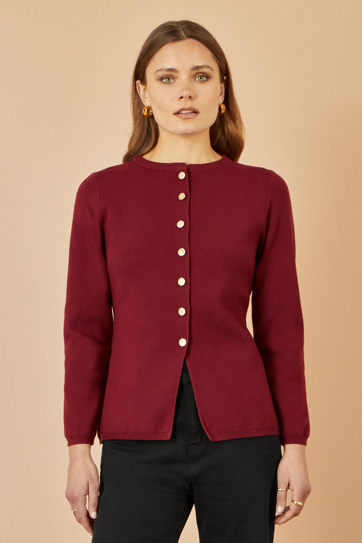 Yumi Burgundy Knitted Fitted Button Down Peplum Cardigan