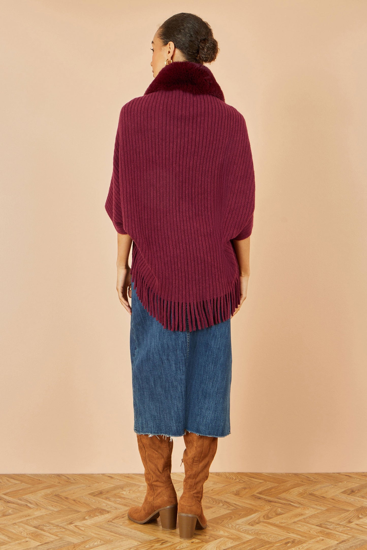 Yumi Burgundy Fur Collar Shrug With Tassel Hem