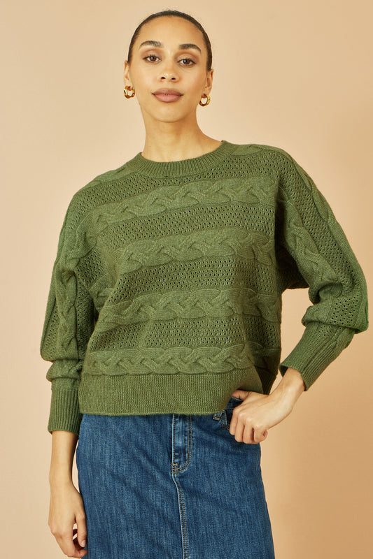 Yumi Green Cable Knit Relaxed Fit Jumper