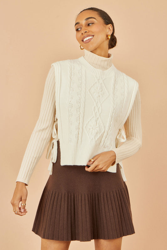 Yumi Ivory Flower Cable Knit Tie Side Pullover