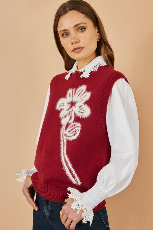 Yumi Burgundy Knitted Flower Sleeveless Jumper Vest