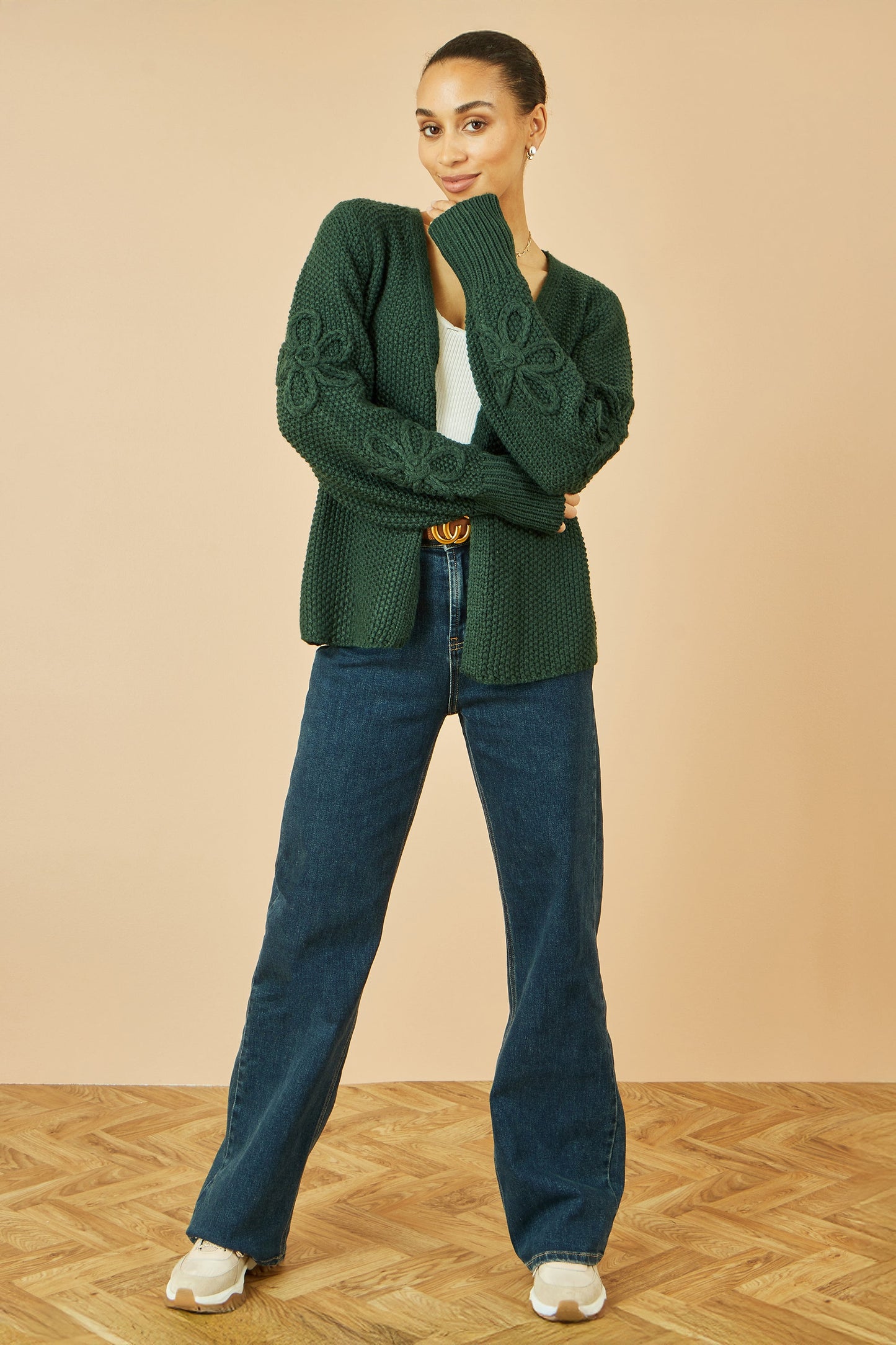 Yumi Green Edge to Edge Cardigan With Flower Detail Sleeves