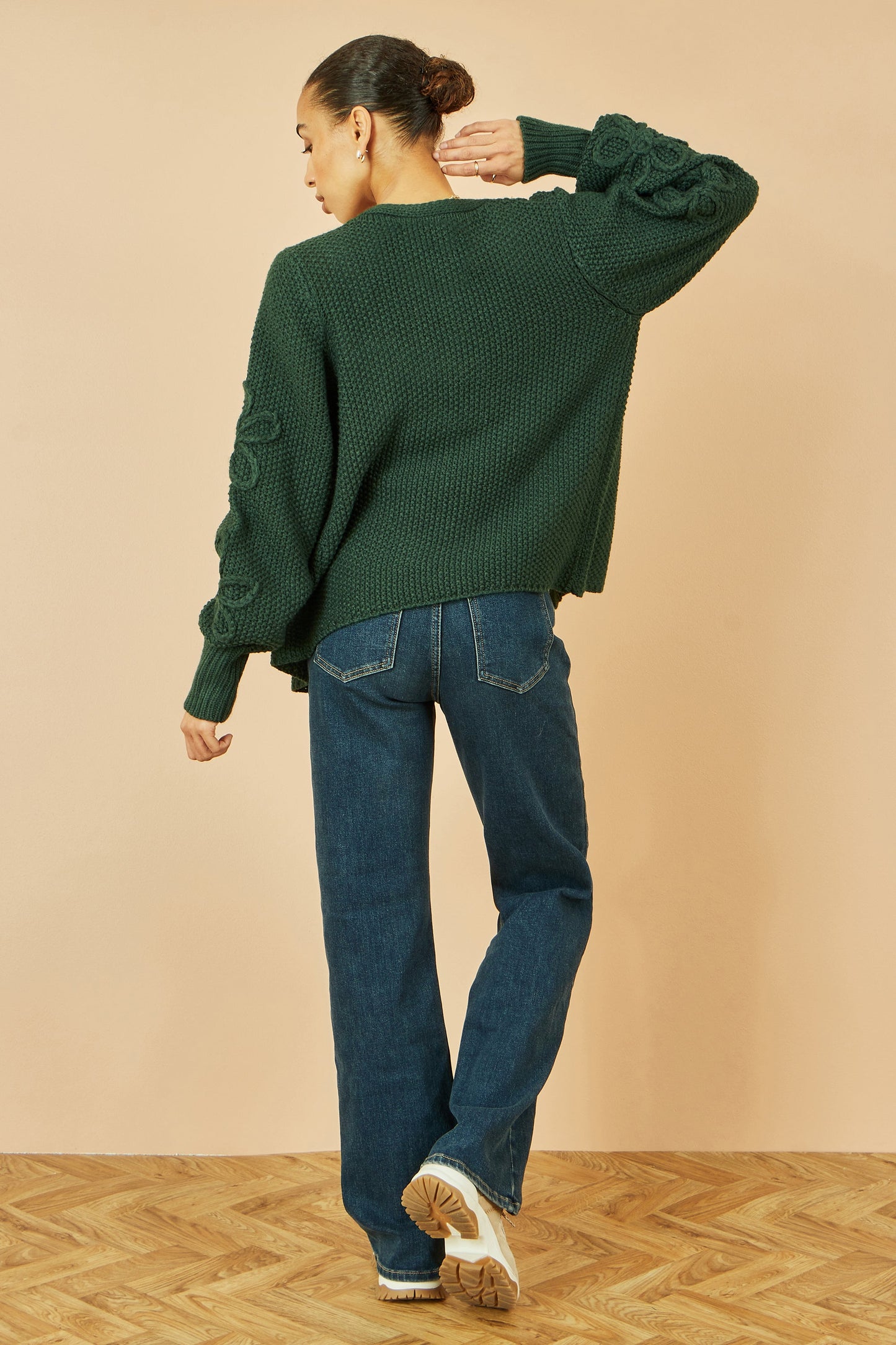 Yumi Green Edge to Edge Cardigan With Flower Detail Sleeves