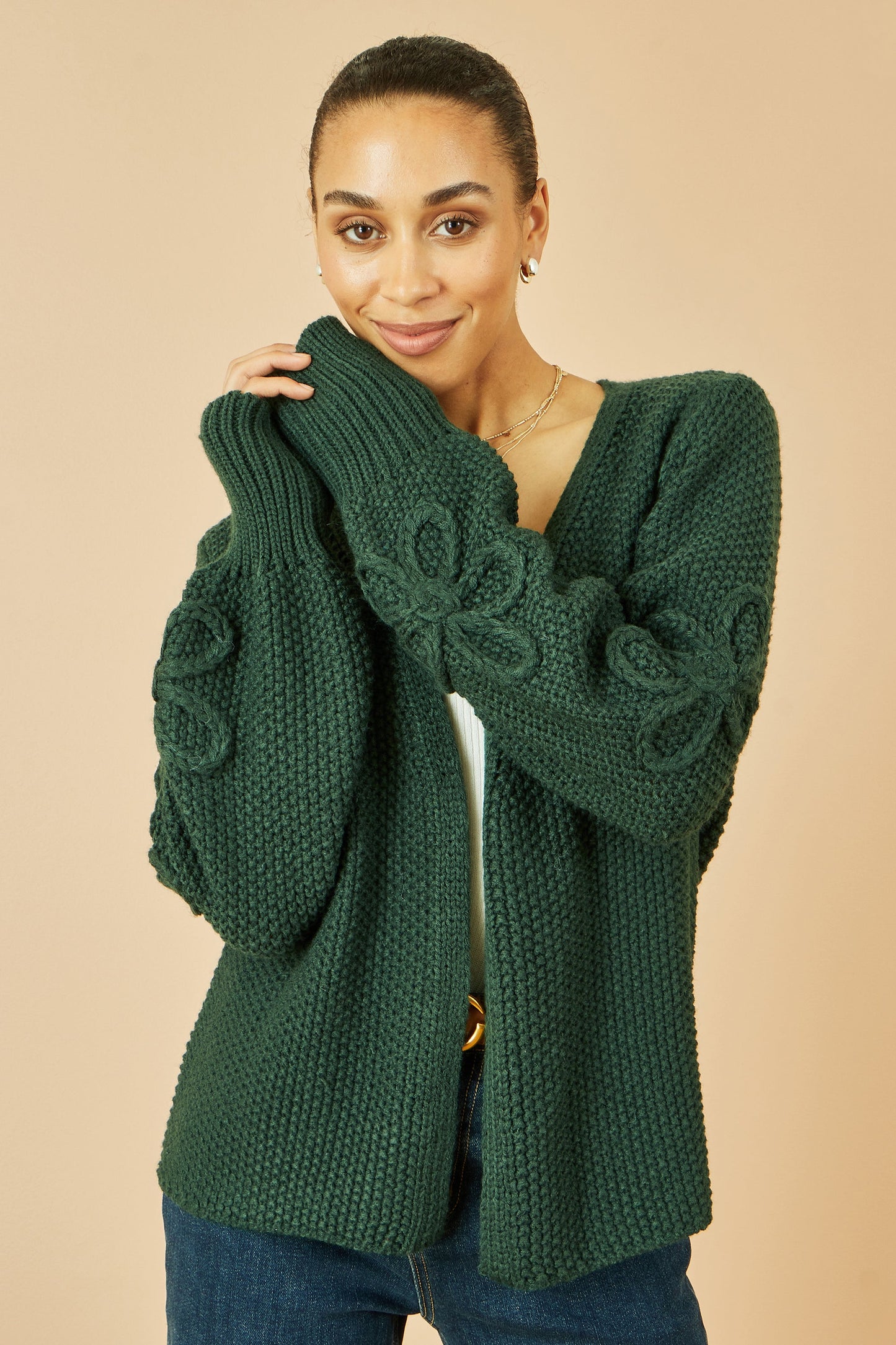 Yumi Green Edge to Edge Cardigan With Flower Detail Sleeves
