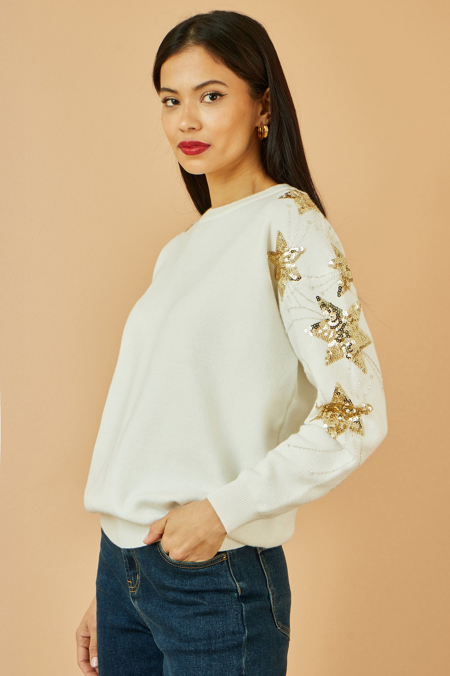 Yumi White Relaxed Fit Jumper With Sequin Star Sleeves
