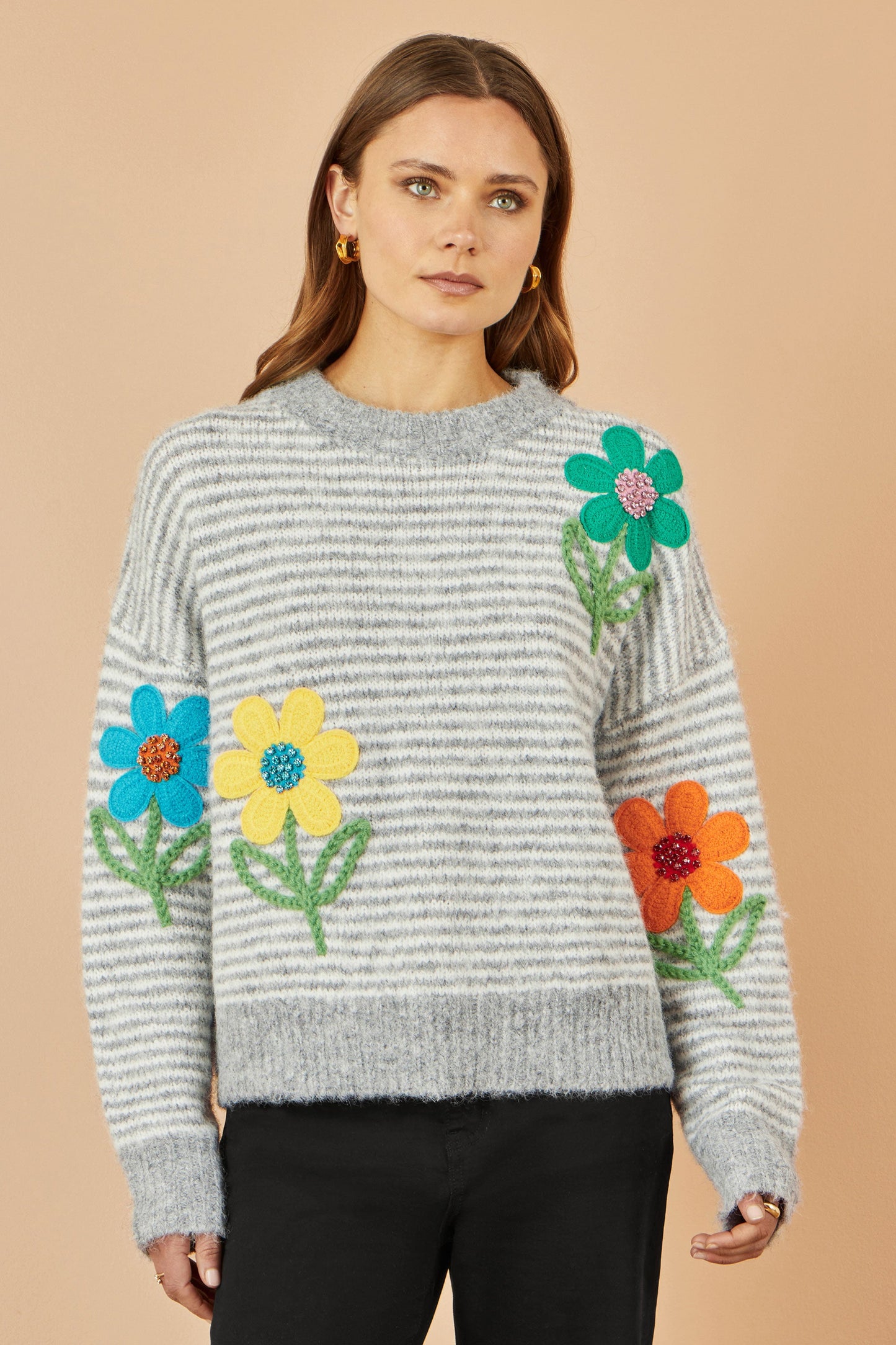 Yumi Grey Striped Relaxed Fit Jumper With Flowers