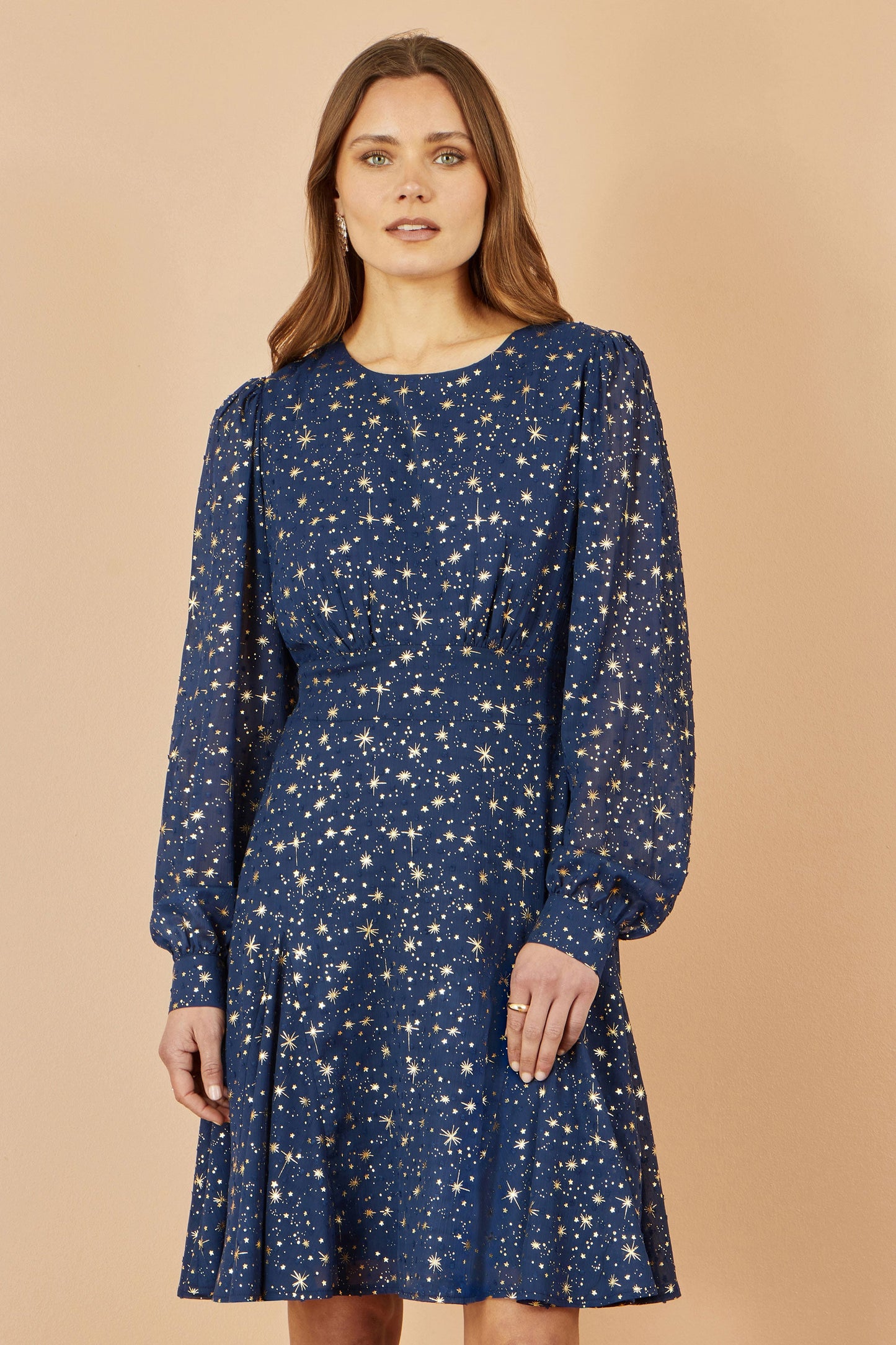 Yumi Navy Star Print Foil Long Sleeve Dress