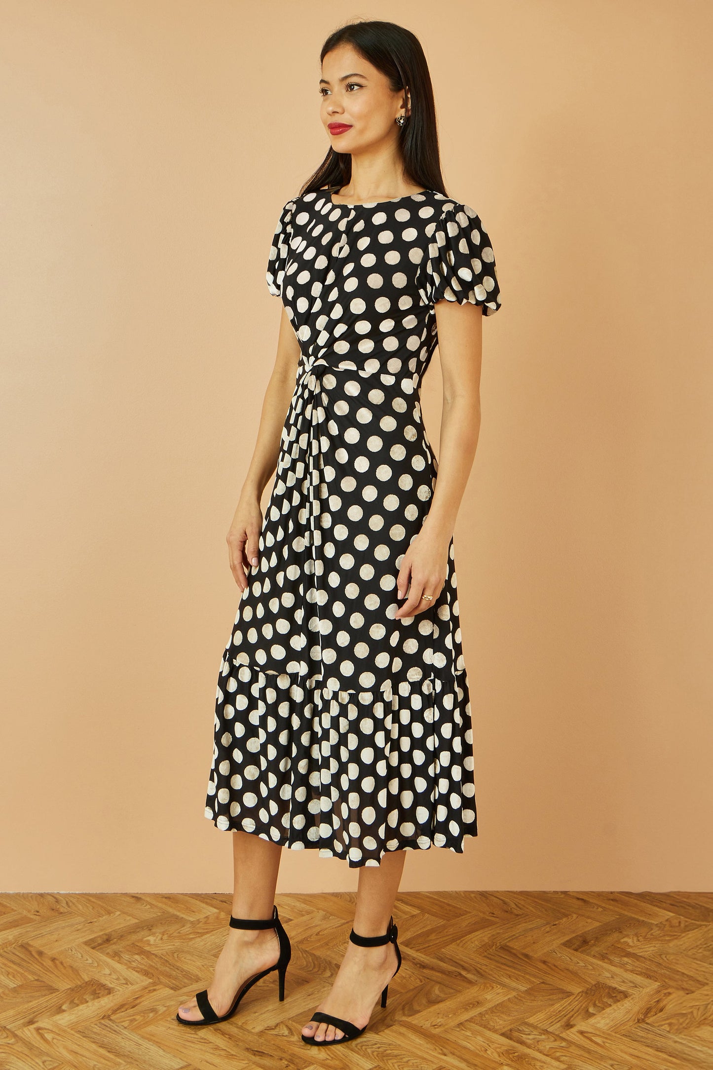 Yumi Black Velvet Spot Print Twist Knot Waist Midi Dress